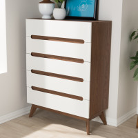 Baxton Studio Calypso-Walnut/White-5DW-Chest Calypso Mid-Century Modern White and Walnut Wood 5-Drawer Storage Chest